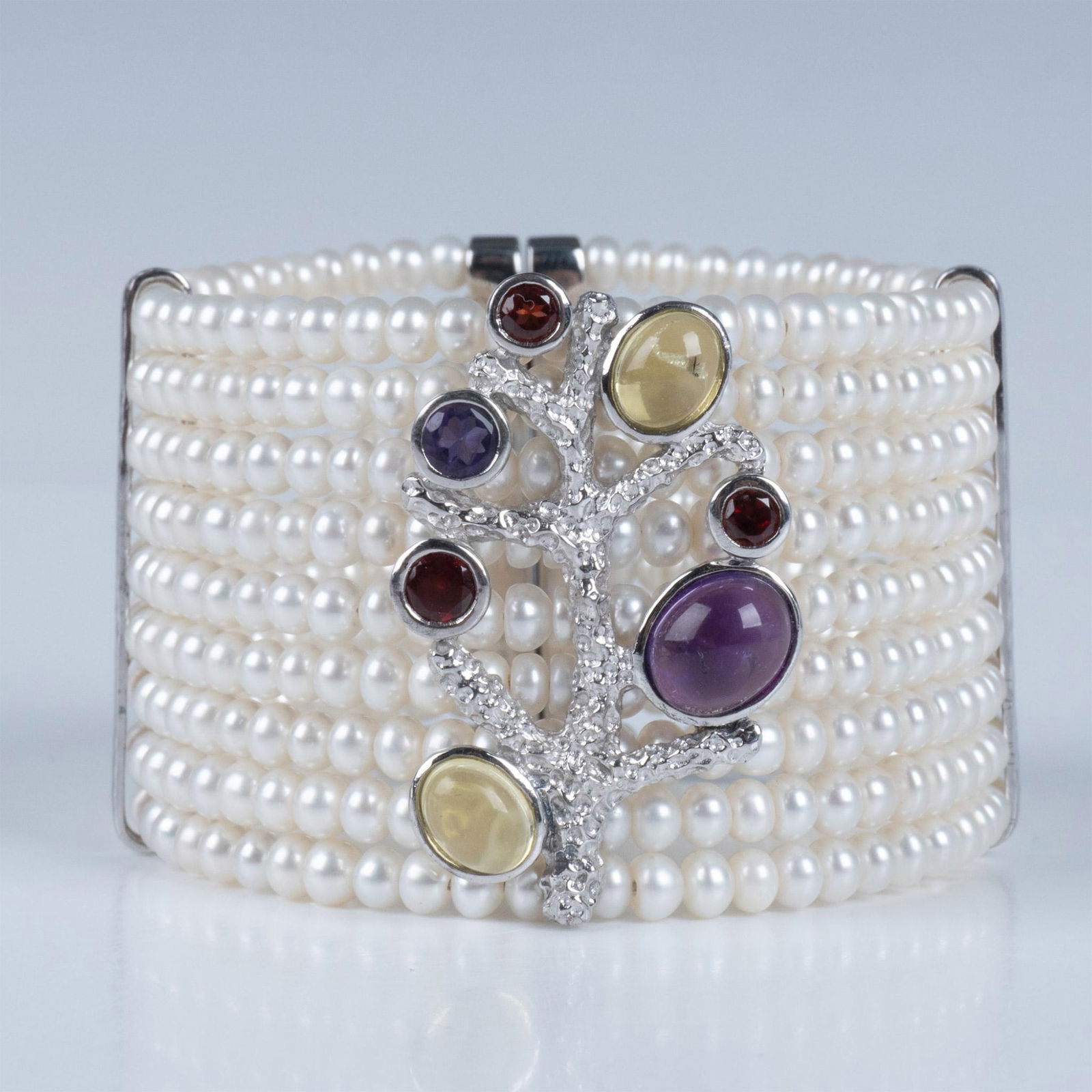 9-Strand Pearl, Amethyst, Citrine, and Garnet Cuff Bracelet (1 of 3)