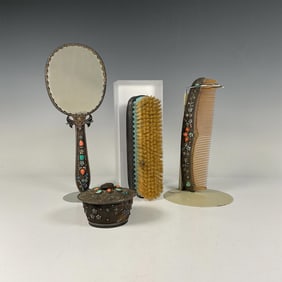 4pc Chinese Silver Filigree Enamel Gemstone Inlay Vanity Set