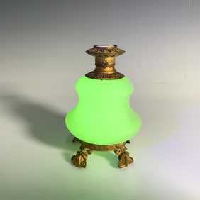 Green Opaline Uranium Glass Gilded Footed Perfume Bottle