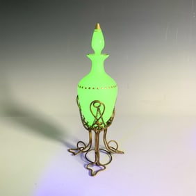 Green Opaline Glass Uranium Perfume Bottle with Gilded Stand