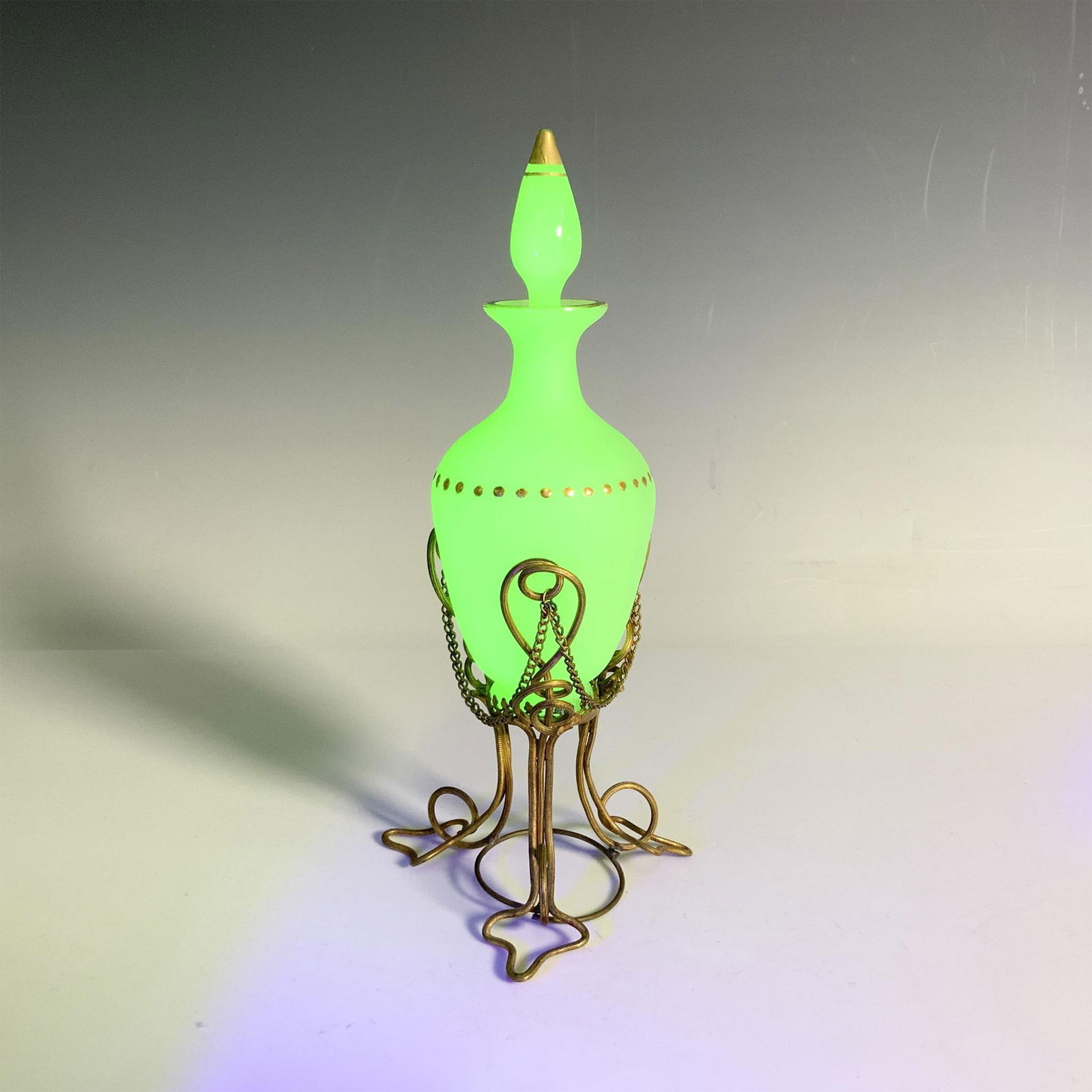 Green Opaline Glass Uranium Perfume Bottle with Gilded Stand (1 of 4)