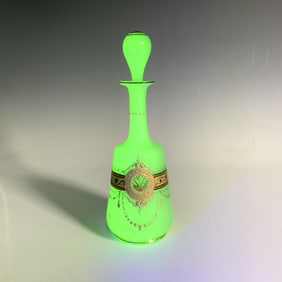 Green Opaline Glass Gilded Uranium Perfume Bottle