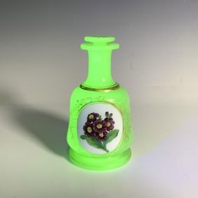 Green Opaline Glass Floral Uranium Perfume Bottle