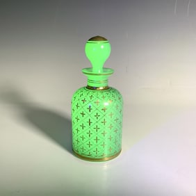 Green Opaline Glass Gilded Uranium Perfume Bottle