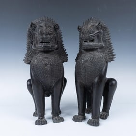 Pair of Southeast Asia Bronze Temple Guardian Lions