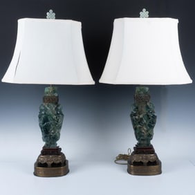 Pair of Antique Chinese Carved Rock Crystal Table Lamps