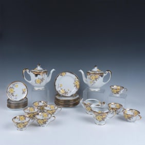 28pc Old Gold Japanese Porcelain Tea & Dessert Set, Yellow