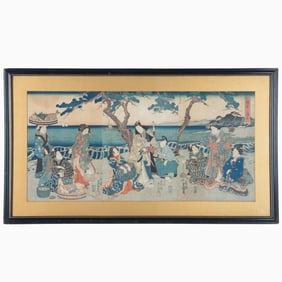 Kunisada, Antique Original Woodblock Tryptic on Paper