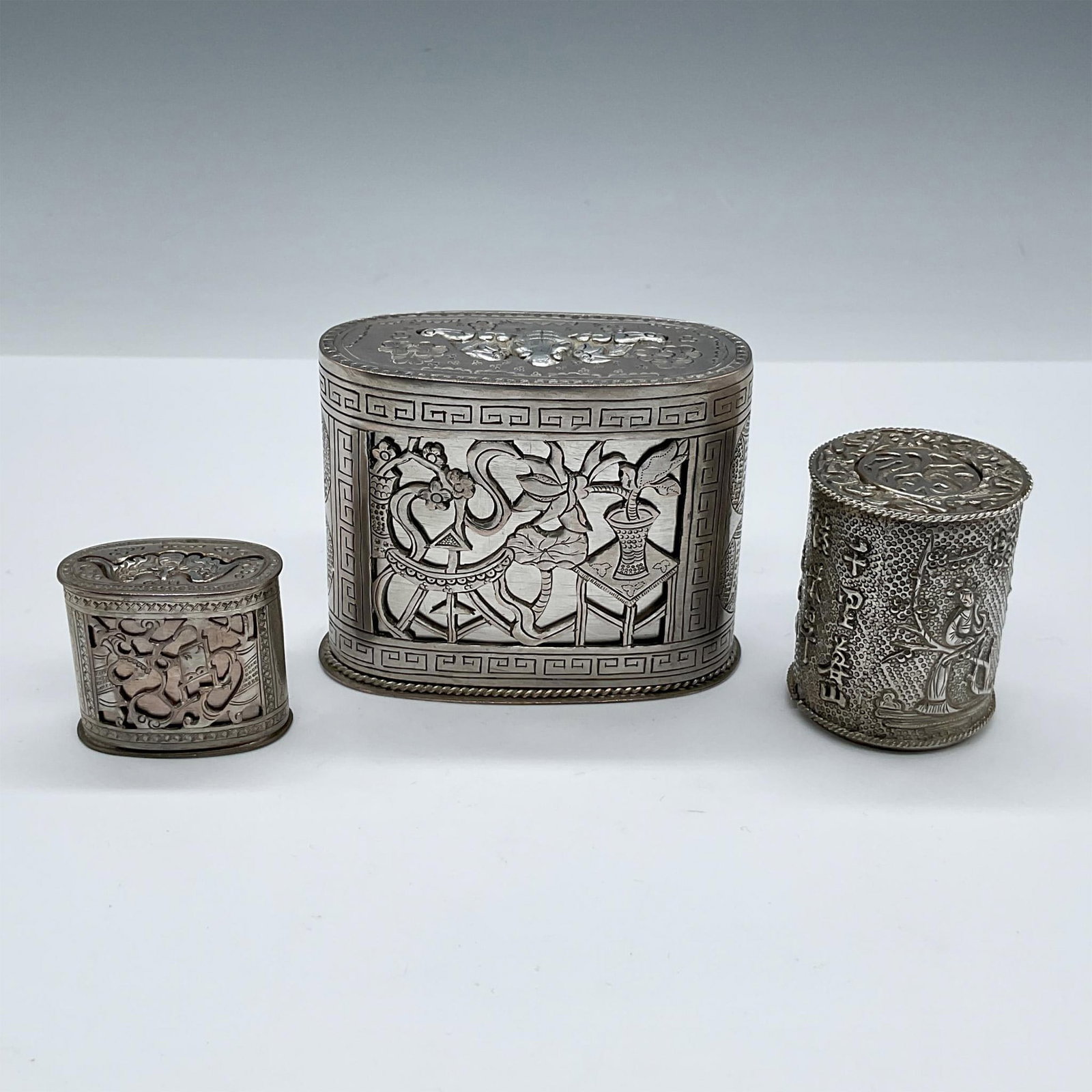 3pc Antique Asian Silver Snuff Opium Boxes (1 of 4)