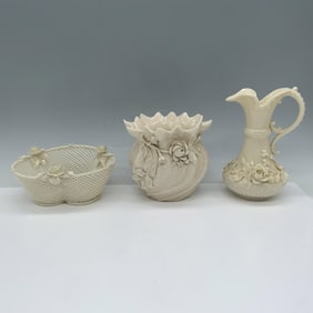 3pc Vintage Belleek Porcelain Floral Ceramics Set