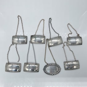 8pc English Sterling Silver Liquor Label Tags with Chains