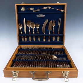 144pc Siam Thailand Brass and Rosewood Flatware Set w/ Box