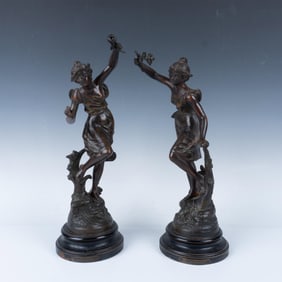 Emile Guillemin, Antique Pair of Bronze Sculptures, Signed
