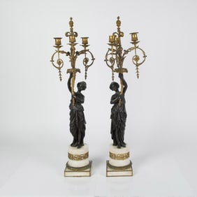 Pair of French Antique Empire Style Bronze Candelabras