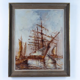 Wim Bos, Original Oil on Canvas, Harbor Scene, Signed