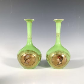 Pair of Green Gilded Ceramic Portrait Bud Vases