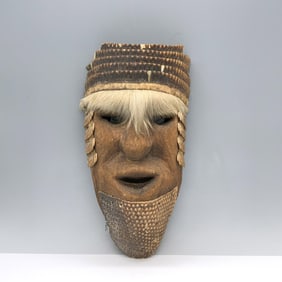 Antique Mexican Wooden Mask with Armadillo Shell and Hair