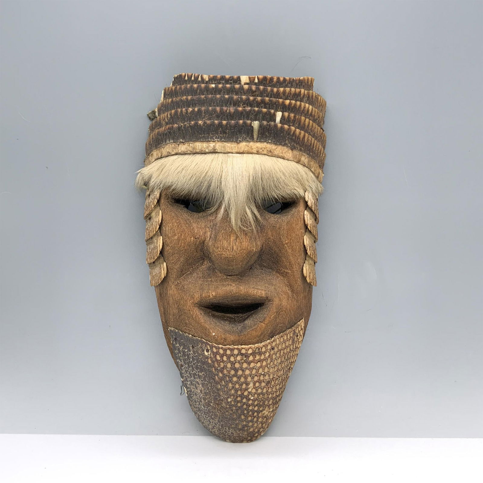 Antique Mexican Wooden Mask with Armadillo Shell and Hair (1 of 3)