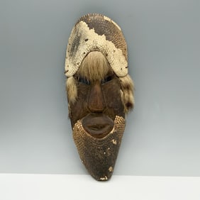 Antique Oaxaca Mexican Wooden Mask with Shell and Hair