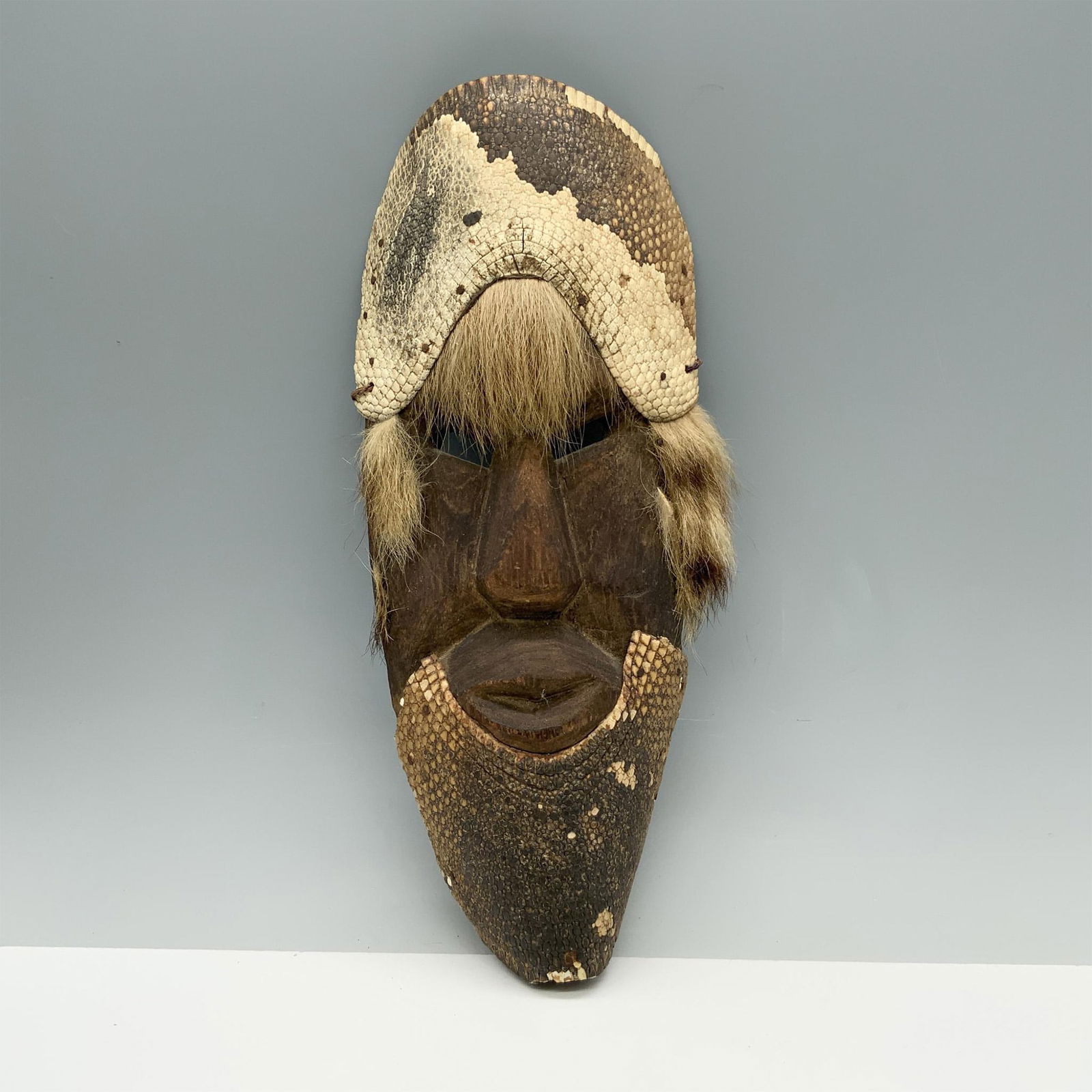 Antique Oaxaca Mexican Wooden Mask with Shell and Hair (1 of 3)