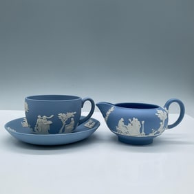 3pc Wedgwood Pale Blue Jasperware Cup, Saucer & Cream Jug