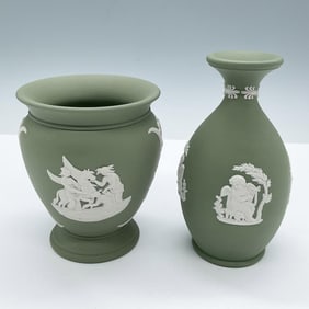 2pc Wedgwood Sage Green Jasperware Bud Vases