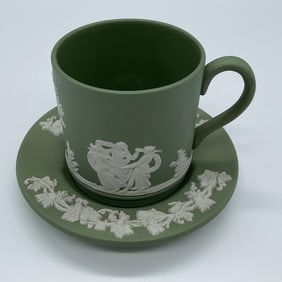 2pc Wedgwood Sage Green Jasperware Demitasse Cup & Saucer