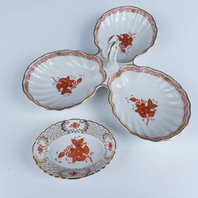 2pc Herend Porcelain Chinese Bouquet Rust Dishes