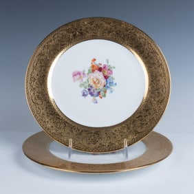 2pc Rosenthal Porcelain Dinner Plates Gold Rim Floral Center
