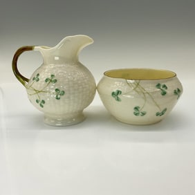 2pc Belleek Porcelain Creamer & Open Sugar Classic Shamrock