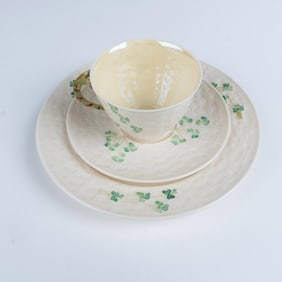 3pc Belleek Teacup, Saucer, and Plate, Classic Shamrock