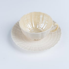 2pc Belleek Porcelain Teacup and Saucer, Limpet Yellow