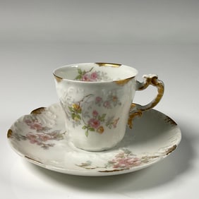 2pc Limoges Teacup and Saucer Set, Flower Patterns