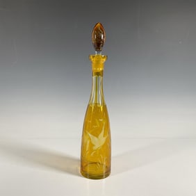 Vintage Yellow Etched Glass Decanter with Stopper
