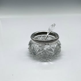 Cut Crystal Salt Cellar with Silver Rim and Spoon