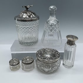 6pc Vintage Crystal and Silver Decorative Bell and Jars