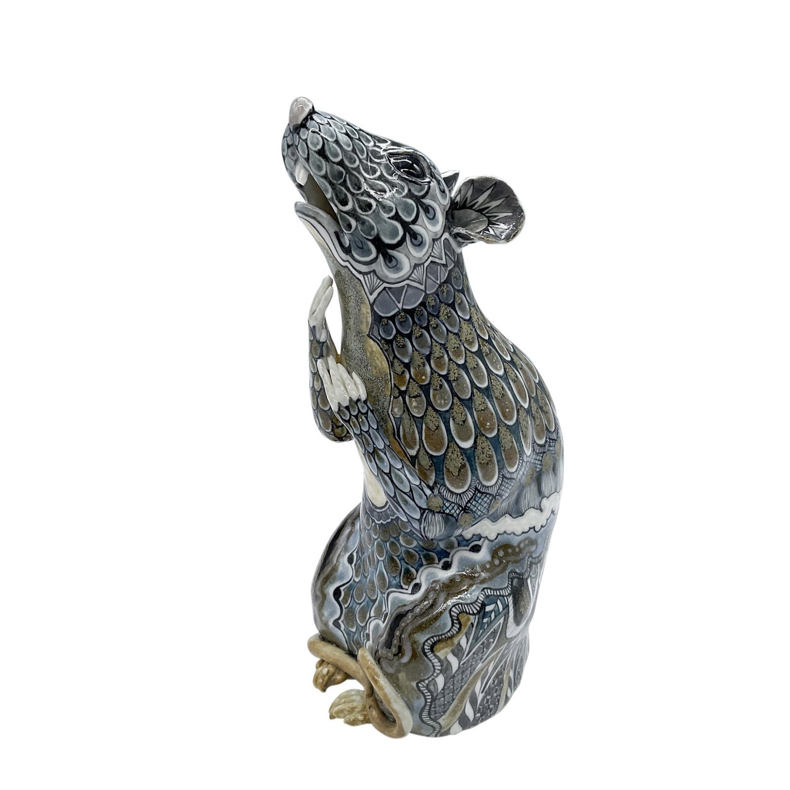 David Burnham Smith Stunning Unique Figurine, The Rat: Modeled one off figure of a rat seated on its hindlegs. Decorated in various unique patterns. Hand painted in blue, brown, and grays colors. DBS 2018. Only 4 Rats were ever made by David, each in a un