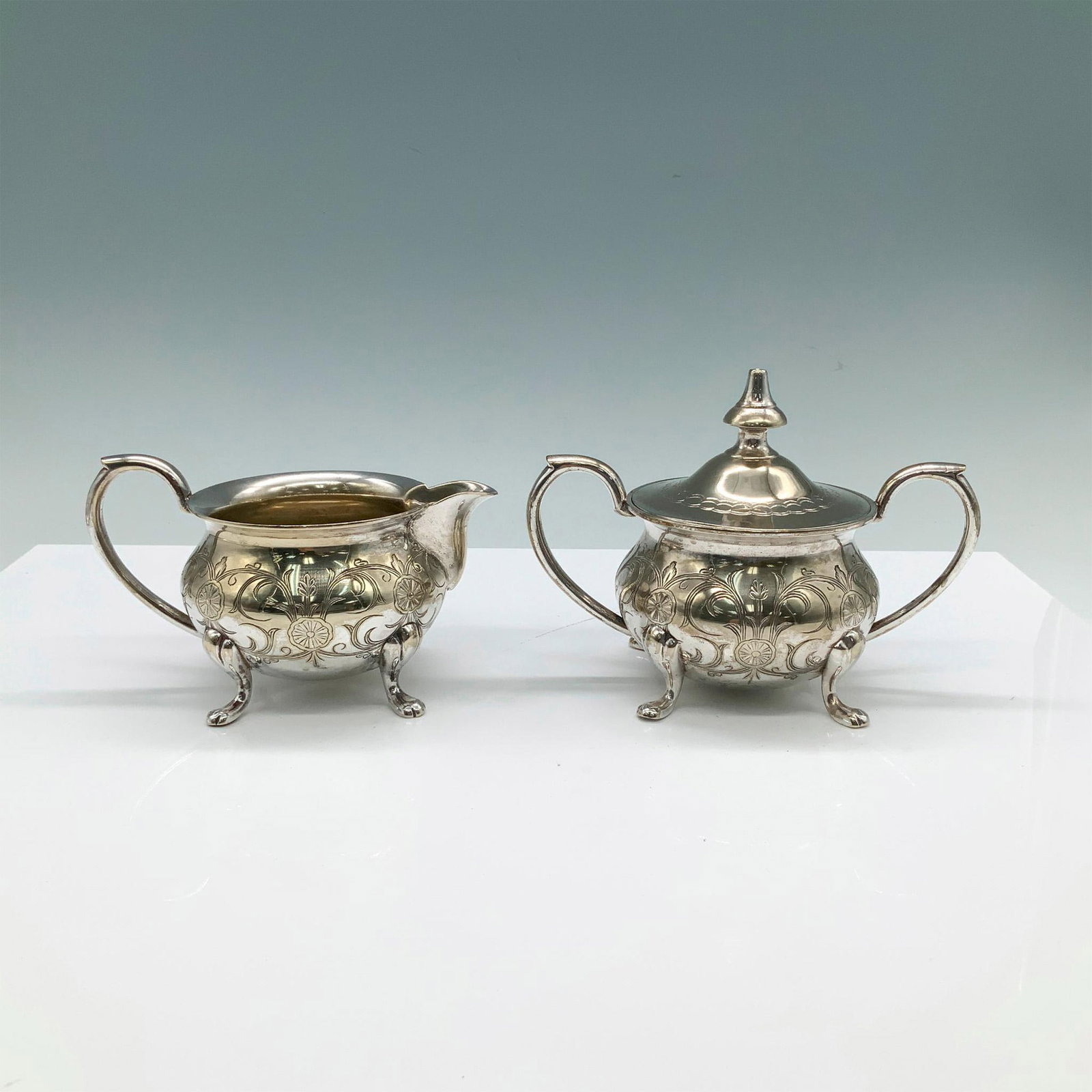 2pc India EPNS Silverplate Footed Sugar Bowl and Creamer (1 of 4)