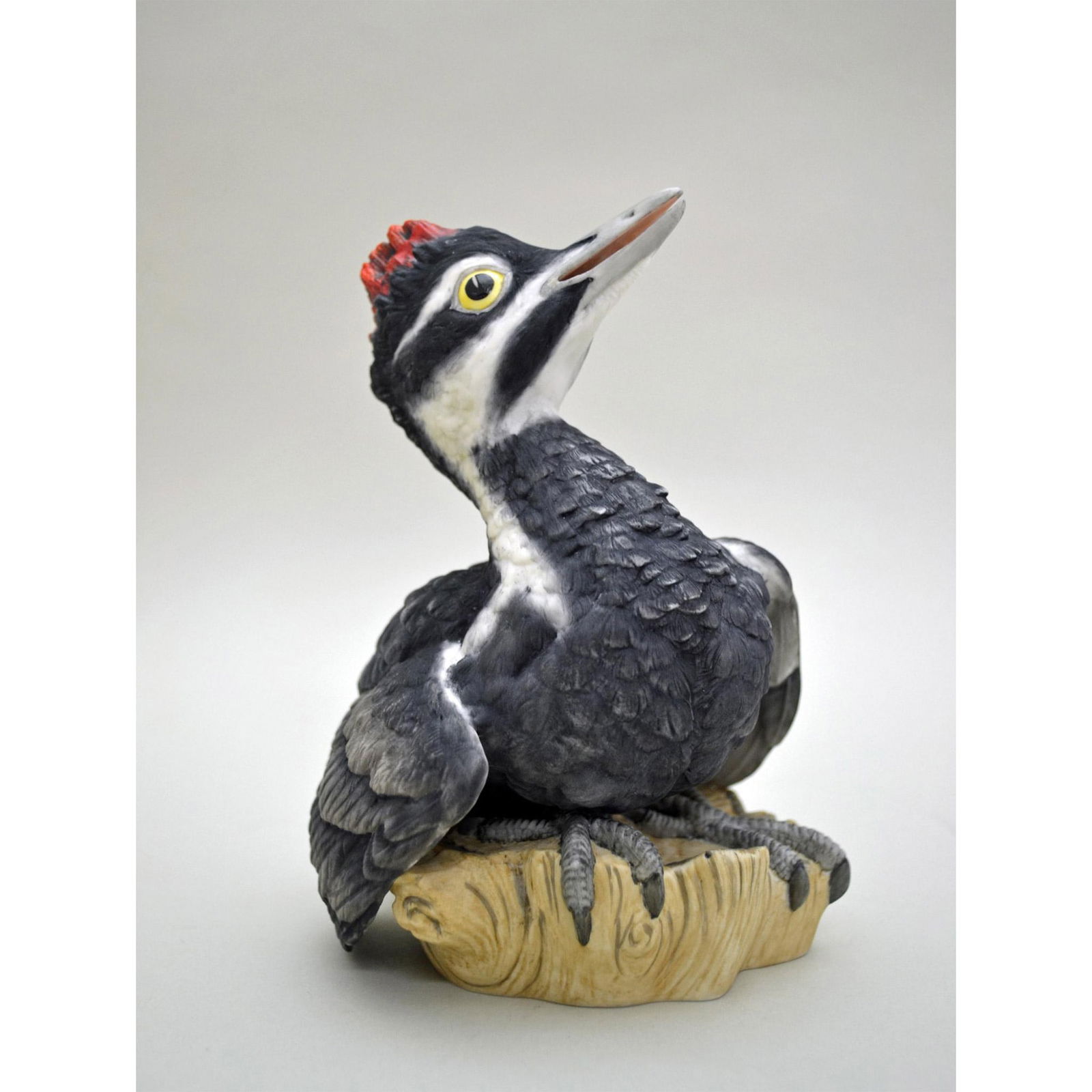 Boehm Porcelain Fledgling Pileated WoodPecker, 1977: Bisque Porcelain Decorated, hand created, hand painted by the artistsan of the Boehm Studio. Hallmark: 400-81. Year: 1977, closed in 1979. Authentic fine detail portrayed in this fine example of Boehm