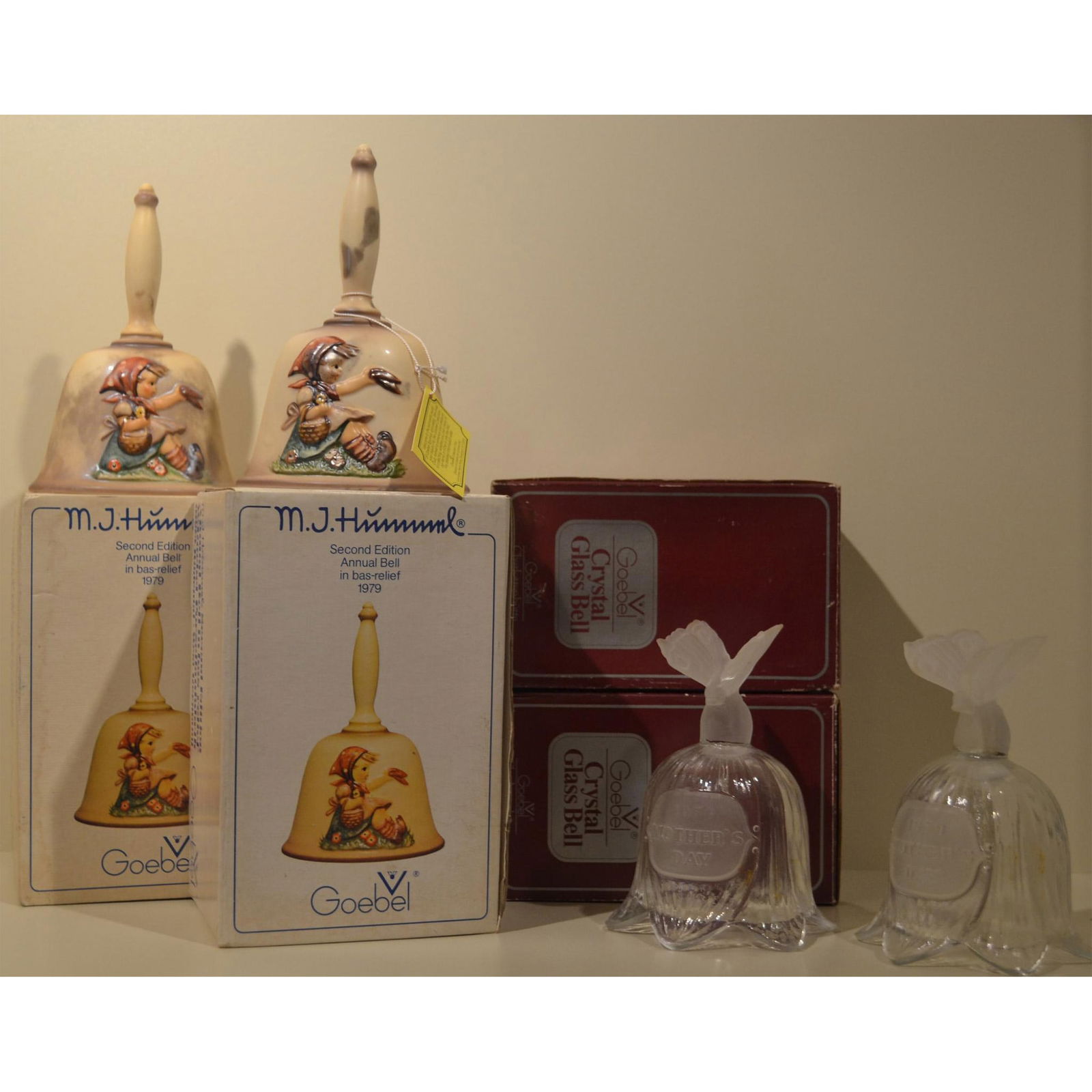 2Pc 1979 Annual M.J. Hummel Bells & 2Pc Goebel Crystal Glass Bells (1 of 6)