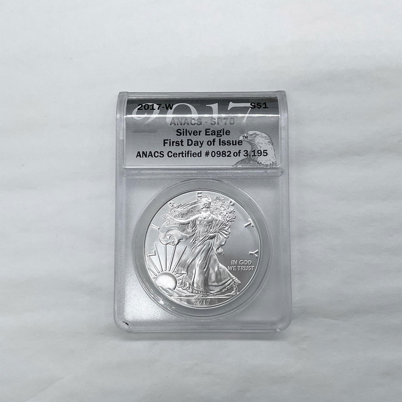 2017-W Silver Eagle Dollar SP70 ANACS FDOI (1 of 3)