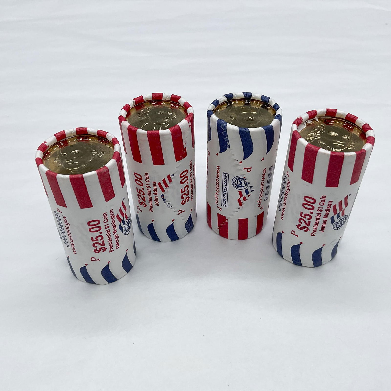4pc 2007-P US Presidential Dollar 25-Coin Rolls: Philadelphia Mint. Collection includes a roll of George Washington, a roll of John Adams, a roll of Thomas Jefferson, and roll of James Madison. 100 Coins in total in US Mint Rolls. A roll is approxim