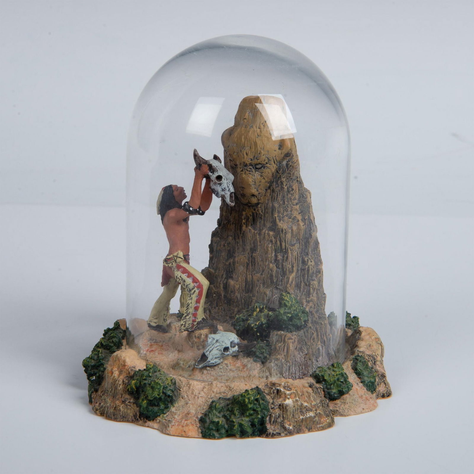 Franklin Mint Figurine with Dome, Great Spirit of the Plains, Signed: Original Franklin Mint limited edition Great Spirit of the Plains series. Made with cold cast porcelain and hand-painted, it represents a warrior lifting a bison's skull as he prays to a sacred mounta