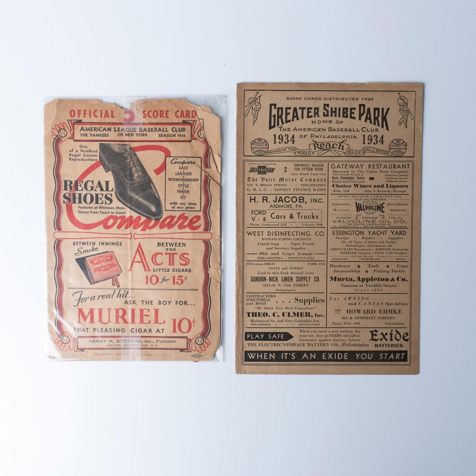 2pc 1934 and 1936 Score Cards for Yankees and Philadelphia: This pair of baseball memorabilia includes a 1934 scorecard from the Philadelphia American Baseball Club and a 1936 scorecard from the New York Yankees of the American League. The largest piece measur