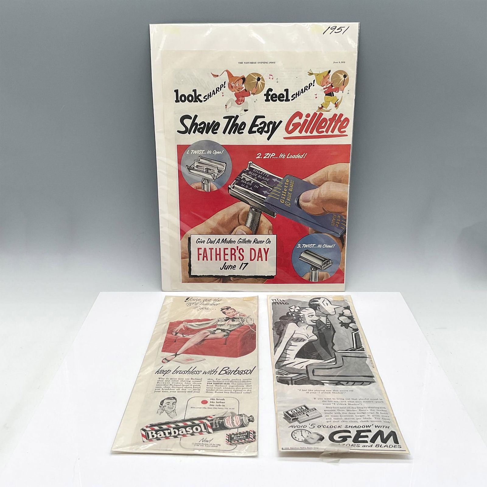 3pc Collectible Shaving Advertisements, Barbasol + Gillette (1 of 2)