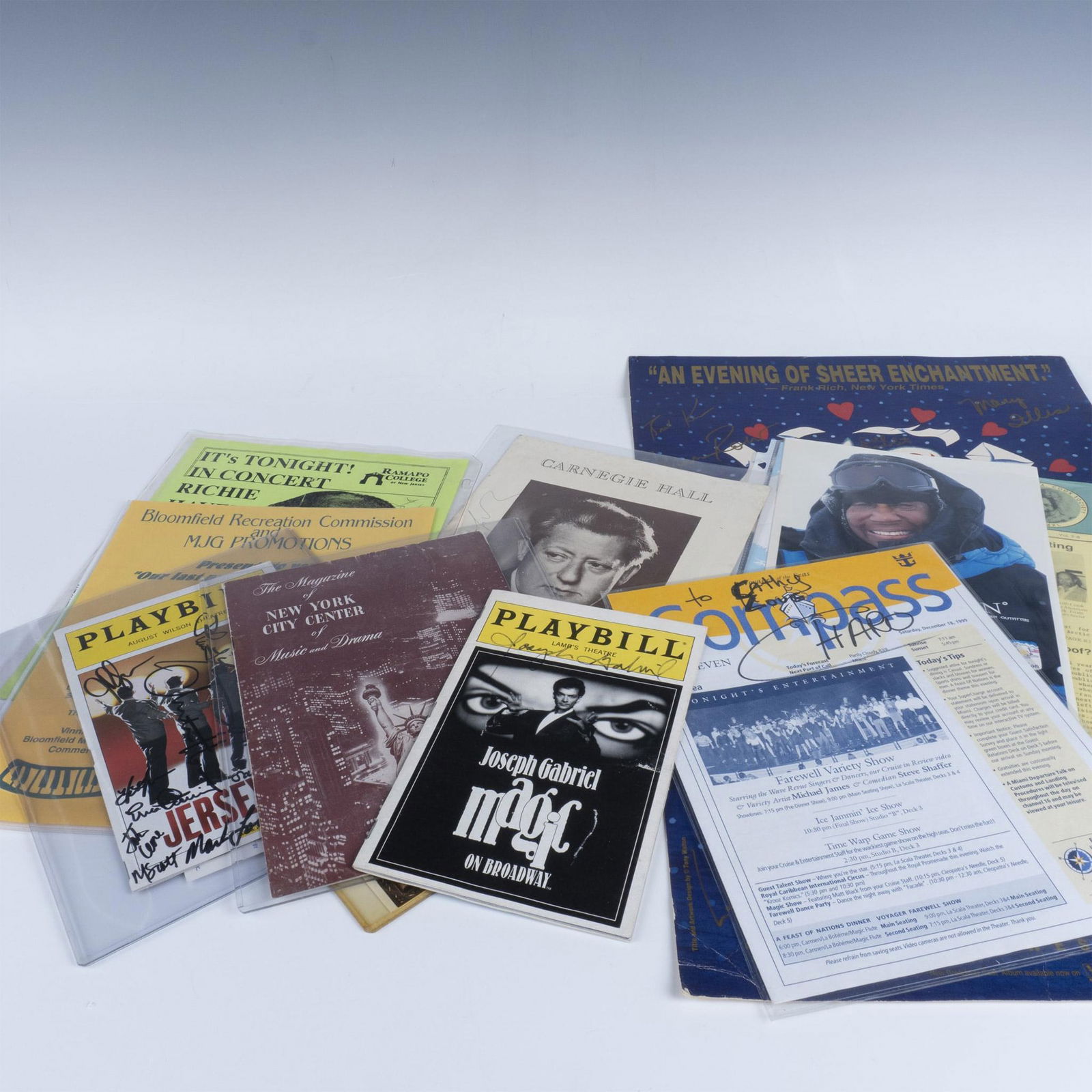 10pc Theater Memorabilia Grouping: This collection features several autographed playbills, programs, and flyers from shows like Jersey Boys, along with a fully signed poster for She Loves Me. Additionally, it includes an autographed ph