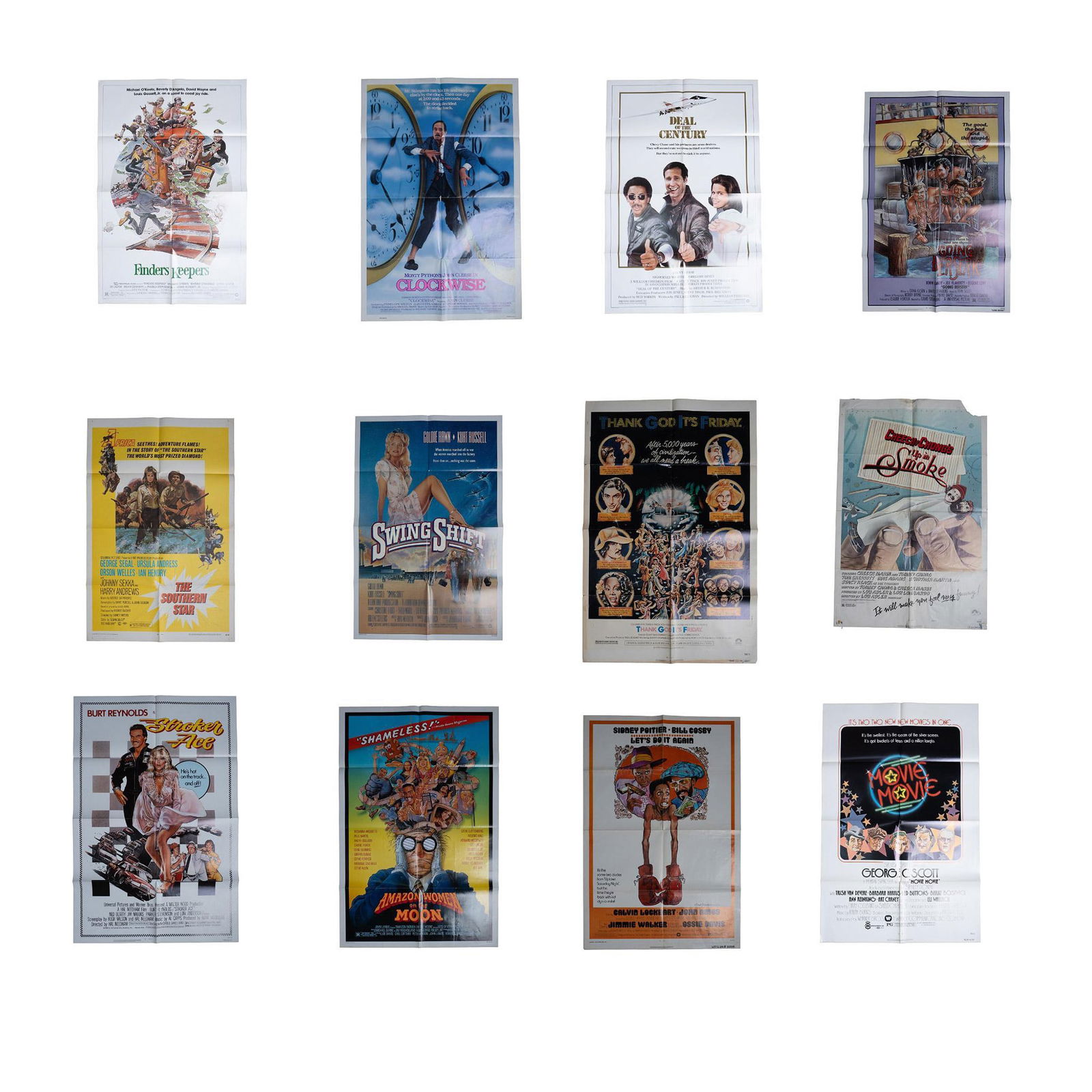 12pc Comedy Movie Theme One Sheets: A set of eleven one sheets that features films such as Deal of the Century (1983), Movie Movie (1978), Finders Keepers (1984), The Southern Star (1969), Swing Shift (1984), Stroker Ace (1983), Amazon