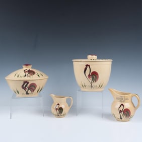 4pc Watt Pottery Rooster Covered Bowls + Pitchers
