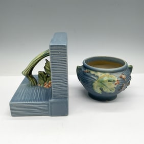 Roseville Pottery Small Planter & Bookend, Bushberry Blue