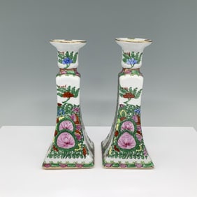 Pair of Chinese Rose Medallion Porcelain Candlesticks